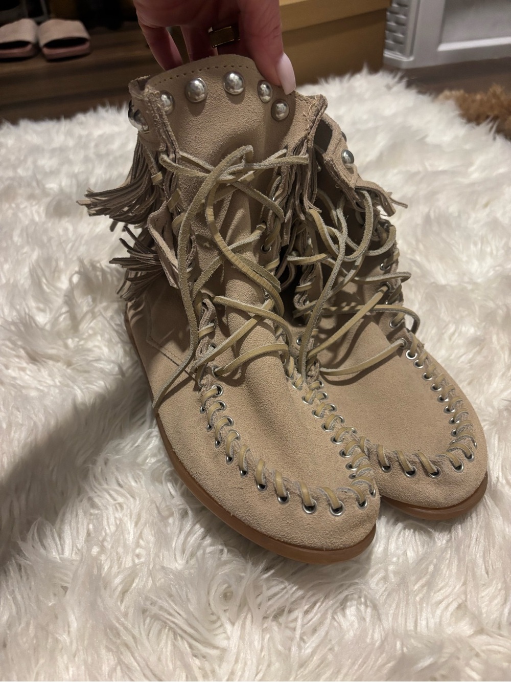 Minnetonka Beige Fringe Lace-Up Suede Ankle Boots